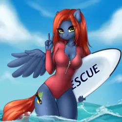 Size: 1920x1920 | Tagged: safe, artist:yutakira92, derpibooru import, oc, unofficial characters only, anthro, pegasus, breasts, cleavage, clothes, eye clipping through hair, eyebrows, eyebrows visible through hair, female, image, looking at you, peace sign, png, smiling, solo, solo female, spread wings, swimsuit, water, wings