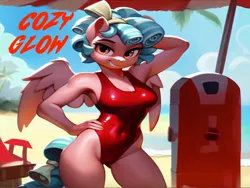 Size: 1024x768 | Tagged: suggestive, ai content, machine learning generated, stable diffusion, cozy glow, anthro, pegasus, baywatch, beach, breasts, buoy, busty cozy glow, clothes, flirty, hand behind back, hand on hip, image, lifeguard, lifeguard cozy glow, one-piece swimsuit, png, seductive pose, sexy, smiling, solo, swimsuit