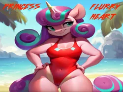 Size: 1024x768 | Tagged: suggestive, ai content, machine learning generated, stable diffusion, princess flurry heart, alicorn, anthro, baywatch, beach, busty princess flurry heart, clothes, flirty, hands on hip, image, lifeguard, lifeguard princess flurry heart, one-piece swimsuit, png, seductive pose, sexy, smiling, solo, swimsuit