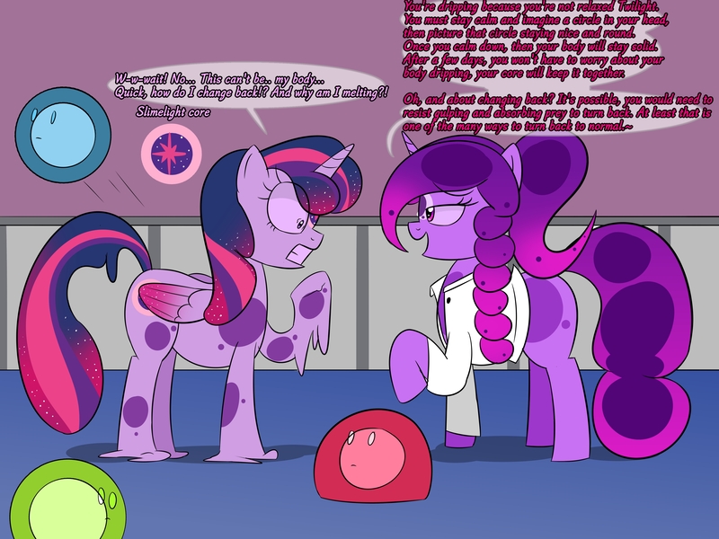 Size: 4000x3000 | Tagged: safe, artist:bestponies, derpibooru import, twilight sparkle, twilight sparkle (alicorn), oc, oc:violet drop, alicorn, goo, goo pony, original species, pony, clothes, dialogue, female, g4, goo ponified, image, jpeg, lab coat, laboratory, magic, mare, open mouth, slime, slimelight, species swap, transformation