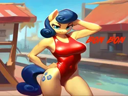 Size: 1024x768 | Tagged: suggestive, ai content, machine learning generated, stable diffusion, bon bon, sweetie drops, anthro, earth pony, baywatch, beach, breasts, busty bon bon, clothes, flirty, hand behind back, hand on hip, image, lifeguard, lifeguard bon bon, one-piece swimsuit, png, seductive pose, sexy, smiling, solo, swimsuit