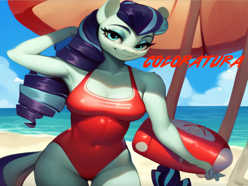 Size: 1024x768 | Tagged: safe, ai content, machine learning generated, stable diffusion, coloratura, anthro, earth pony, baywatch, beach, breasts, buoy, busty coloratura, clothes, flirty, hand behind back, image, lifeguard, lifeguard coloratura, one-piece swimsuit, png, seductive look, sexy, smiling, solo, swimsuit, walking