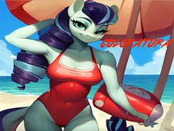 Size: 1024x768 | Tagged: safe, ai content, machine learning generated, stable diffusion, coloratura, anthro, earth pony, baywatch, beach, breasts, buoy, busty coloratura, clothes, flirty, hand behind back, image, lifeguard, lifeguard coloratura, one-piece swimsuit, png, seductive look, sexy, smiling, solo, swimsuit, walking