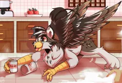 Size: 2500x1700 | Tagged: safe, artist:shadowreindeer, derpibooru import, oc, oc:ospreay, cat, gryphon, commission, eared griffon, image, jpeg, kitchen, solo