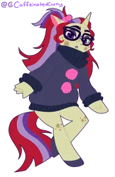 Size: 1033x1597 | Tagged: safe, artist:caffeinatedcarny, derpibooru import, moondancer, anthro, pony, unguligrade anthro, unicorn, clothes, eyeshadow, g4, glasses, horn, image, makeup, markings, png, simple background, solo, spots, stylized, sweater, transparent background
