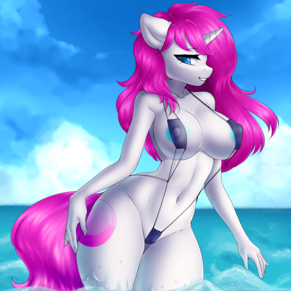 Size: 1920x1920 | Tagged: questionable, artist:yutakira92, derpibooru import, oc, unofficial characters only, anthro, unicorn, areola, areola slip, belly button, big breasts, bikini, breasts, clothes, erect nipples, female, horn, image, nipple outline, png, sling bikini, solo, solo female, swimsuit