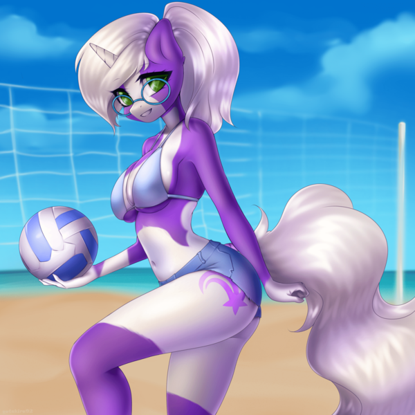 Size: 1920x1920 | Tagged: safe, artist:yutakira92, derpibooru import, oc, unofficial characters only, anthro, unicorn, beach volleyball, bikini, bikini top, clothes, female, glasses, image, png, swimsuit