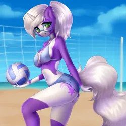 Size: 1920x1920 | Tagged: safe, artist:yutakira92, derpibooru import, oc, unofficial characters only, anthro, unicorn, beach volleyball, bikini, bikini top, clothes, female, glasses, image, png, swimsuit