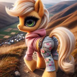 Size: 1024x1024 | Tagged: safe, ai content, machine learning generated, ponerpics import, ponybooru import, applejack, earth pony, pony, bing, blurry background, butt, clothed ponies, clothes, female, floral print, fluffy, hoodie, image, jeans, jpeg, looking at you, looking back, looking back at you, mare, missing accessory, outdoors, pants, plot, solo, trail
