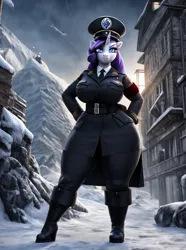 Size: 761x1024 | Tagged: grimdark, ai content, derpibooru import, machine learning generated, stable diffusion, rarity, anthro, armband, boots, breasts, busty rarity, clothes, coat, curvy, derpibooru exclusive, female, g4, hand on hip, hat, hourglass figure, image, military uniform, nazi, necktie, officer, pants, png, prompter:professordoctorc, shoes, snow, thighs, thunder thighs, tundra, uniform, wide hips