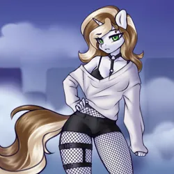 Size: 1920x1920 | Tagged: suggestive, artist:yutakira92, derpibooru import, oc, unofficial characters only, anthro, unicorn, breasts, clothes, female, fishnets, harness, image, off shoulder, png, shorts, solo, solo female, tack