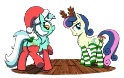 Size: 719x454 | Tagged: safe, artist:maretian, artist:truthormare, ponerpics import, bon bon, lyra heartstrings, sweetie drops, earth pony, pony, unicorn, accessory, aggie.io, animal costume, antlers, blushing, bon bon is not amused, bow, chest tuft, christmas, clothes, collaboration, cosplay, costume, duo, embarrassed, female, floor, fluffy, fluffy butt, frog (hoof), hat, headband, hearth's warming, holiday, image, looking back, mare, mistletoe, mistletoe abuse, png, raised hoof, raised tail, reindeer antlers, reindeer costume, santa hat, simple background, socks, striped socks, tail, tail bow, transparent background, unamused, underhoof, winter, winter coat, wooden floor