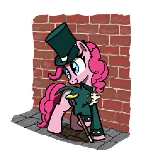 Size: 486x495 | Tagged: safe, artist:maretian, ponerpics import, pinkie pie, earth pony, pony, brick wall, cane, clothes, female, hat, image, mare, outdoors, png, road, solo, steampunk, top hat, walking stick