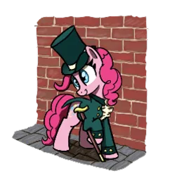 Size: 486x495 | Tagged: safe, artist:maretian, ponerpics import, pinkie pie, earth pony, pony, brick wall, cane, clothes, female, hat, image, mare, outdoors, png, road, solo, steampunk, top hat, walking stick