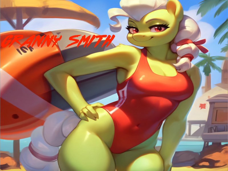 Size: 1024x768 | Tagged: safe, ai content, machine learning generated, stable diffusion, granny smith, anthro, earth pony, baywatch, beach, breasts, busty granny smith, busty young granny smith, clothes, hand on hip, image, lifeguard, lifeguard granny smith, one-piece swimsuit, png, seductive pose, sexy, smiling, solo, swimsuit, young granny smith, younger