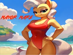 Size: 1024x768 | Tagged: suggestive, ai content, machine learning generated, stable diffusion, mayor mare, anthro, earth pony, baywatch, beach, breasts, busty mayor mare, clothes, flirty, glasses off, hands on hip, image, lifeguard, lifeguard mayor mare, one-piece swimsuit, png, seductive pose, sexy, smiling, solo, swimsuit