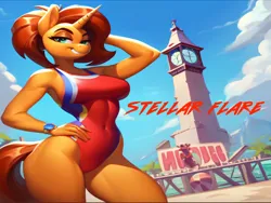 Size: 1024x768 | Tagged: suggestive, ai content, machine learning generated, stable diffusion, stellar flare, anthro, unicorn, baywatch, beach, breasts, busty stellar flare, clothes, flirty, grin, hand behind back, hand on hip, image, inviting, lifeguard, lifeguard stellar flare, one-piece swimsuit, png, seductive pose, sexy, smiling, solo, swimsuit, watch tower