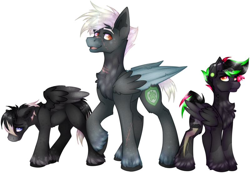 Size: 2856x1971 | Tagged: safe, artist:chvrchgrim, derpibooru import, oc, oc:cardinal, oc:krypt, oc:sooty snow, pegasus, annoyed, blaze (coat marking), chest fluff, coat markings, colored wings, dappled, ear piercing, emo, facial markings, father and child, father and son, height difference, image, kids, male, multicolored hair, pegasus oc, piercing, png, raised hoof, sad, smiling, socks (coat marking), two toned wings, unshorn fetlocks, wings