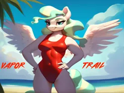Size: 1024x768 | Tagged: suggestive, ai content, machine learning generated, stable diffusion, vapor trail, anthro, pegasus, baywatch, beach, big breasts, busty vapor trail, clothes, flirty, hands on hip, image, lifeguard, lifeguard vapor trail, one-piece swimsuit, png, seductive pose, sexy, smiling, solo, swimsuit