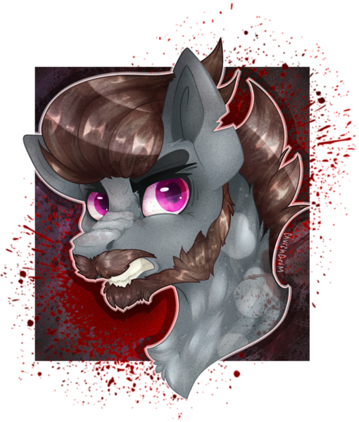 Size: 1917x2255 | Tagged: safe, artist:chvrchgrim, derpibooru import, oc, oc:weltkriegs-wandern, unofficial characters only, earth pony, angry, beard, brown mane, bust, chest fluff, commission, earth pony oc, facial hair, gray coat, gritted teeth, image, moustache, nose wrinkle, png, portrait, snarling, teeth, torn ear