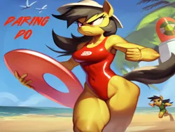 Size: 1024x768 | Tagged: suggestive, ai content, machine learning generated, stable diffusion, daring do, anthro, pegasus, baywatch, beach, breasts, buoy, busty daring do, clothes, determined, image, lifeguard, lifeguard daring do, one-piece swimsuit, png, running, seductive look, sexy, solo, swimsuit