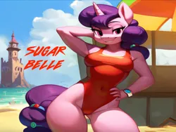 Size: 1024x768 | Tagged: suggestive, ai content, machine learning generated, stable diffusion, sugar belle, anthro, unicorn, baywatch, beach, breasts, busty sugar belle, clothes, flirty, hand behind back, hand on hip, image, lifeguard, lifeguard sugar belle, one-piece swimsuit, png, sexy, smiling, solo, swimsuit, watch tower