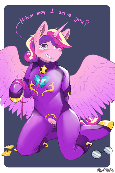Size: 2000x3000 | Tagged: explicit, artist:miramore, derpibooru import, princess cadance, alicorn, pony, semi-anthro, bell, bell collar, bondage, broken condom, clothes, collar, condom, cuffs, cutie mark, dialogue, ear piercing, english, glasses, gloves, gold, human vagina on pony, image, latex, latex boots, latex gloves, latex suit, leash, leather, nudity, passepartout, piercing, png, rubber, rubber suit, shiny, signature, solo, spread wings, vaginal secretions, vulva, wings