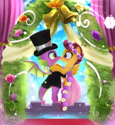Size: 1800x1953 | Tagged: safe, artist:darksly, derpibooru import, scootaloo, spike, dragon, pegasus, a canterlot wedding, clothes, dress, female, flower filly, flower girl, flower girl dress, g4, hat, image, jpeg, kissing, male, marriage, scootaspike, shipping, straight, suit, top hat, tuxedo, wedding, wedding dress