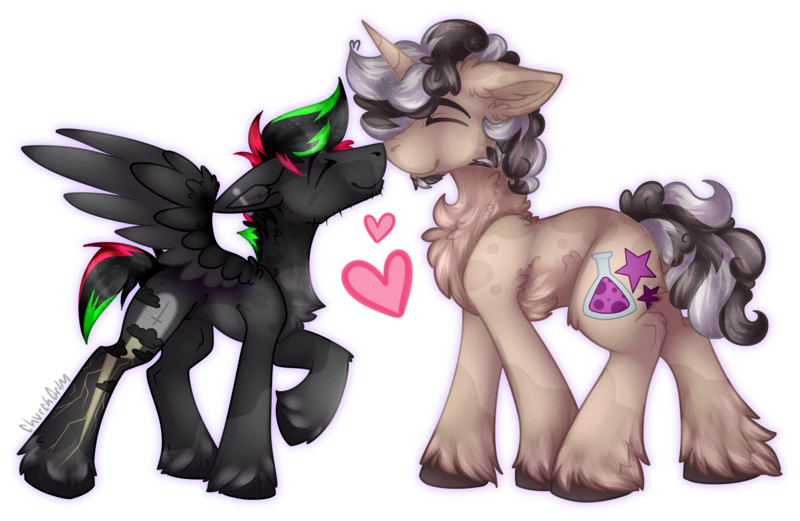 Size: 2187x1425 | Tagged: safe, artist:chvrchgrim, derpibooru import, oc, oc:krypt, oc:quantum, unofficial characters only, pegasus, pony, unicorn, blaze (coat marking), boop, chest fluff, coat markings, concave belly, couple, curly mane, cute, duo, ear piercing, facial hair, facial markings, gay, gay couple, height difference, hoof fluff, horn, image, love, male, neck fluff, noseboop, nuzzling, pegasus oc, physique difference, piercing, png, slim, socks (coat marking), spots, spread wings, stallion, thin, unicorn oc, unshorn fetlocks, wings