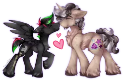 Size: 2187x1425 | Tagged: safe, artist:chvrchgrim, derpibooru import, oc, oc:krypt, oc:quantum, unofficial characters only, pegasus, pony, unicorn, blaze (coat marking), boop, chest fluff, coat markings, concave belly, couple, curly mane, cute, duo, ear piercing, facial hair, facial markings, gay, gay couple, height difference, hoof fluff, horn, image, love, male, neck fluff, noseboop, nuzzling, pegasus oc, physique difference, piercing, png, slim, socks (coat marking), spots, spread wings, stallion, thin, unicorn oc, unshorn fetlocks, wings