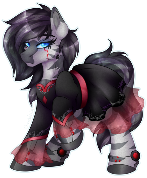 Size: 1650x2000 | Tagged: safe, artist:chvrchgrim, derpibooru import, oc, oc:xezia, zebra, clothes, commission, cyber eyes, cybernetic legs, cyberpunk, dress, eyelashes, fancy, frilly dress, hooves, image, png, raised hoof, simple background, solo, transparent background, two toned mane