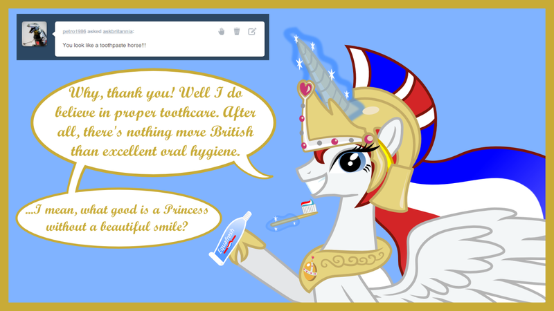 Size: 1280x720 | Tagged: safe, artist:askbritanniamlp, derpibooru import, oc, oc:britannia, alicorn, pony, ask britannia, alicornified, female, helmet, image, magic, mare, png, race swap, solo, toothbrush, toothpaste