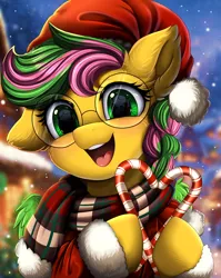 Size: 2550x3209 | Tagged: safe, artist:pridark, derpibooru import, oc, unofficial characters only, pegasus, pony, candy, candy cane, christmas, clothes, commission, cute, food, glasses, hat, holiday, image, one ear down, open mouth, pegasus oc, png, pridark is trying to murder us, santa hat, scarf, snow, snowfall, solo, striped scarf, wings, ych result