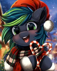 Size: 2550x3209 | Tagged: safe, artist:pridark, derpibooru import, oc, unofficial characters only, pegasus, pony, candy, candy cane, christmas, clothes, commission, cute, food, hat, holiday, image, one ear down, open mouth, pegasus oc, png, pridark is trying to murder us, santa hat, scarf, snow, snowfall, solo, striped scarf, wings, ych result