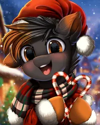 Size: 2550x3209 | Tagged: safe, artist:pridark, derpibooru import, oc, unofficial characters only, pony, candy, candy cane, christmas, clothes, commission, cute, food, hat, holiday, image, one ear down, open mouth, png, pridark is trying to murder us, santa hat, scarf, snow, snowfall, solo, striped scarf, ych result