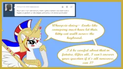 Size: 1280x720 | Tagged: safe, artist:askbritanniamlp, derpibooru import, oc, oc:britannia, alicorn, pony, ask britannia, alicornified, blushing, female, helmet, image, mare, png, race swap, solo, trident