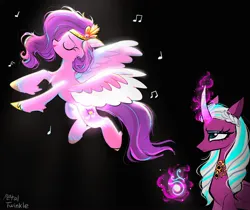 Size: 2048x1723 | Tagged: safe, artist:petaltwinkle, derpibooru import, pipp petals, alicorn, pegasus, pony, g5, my little pony: make your mark, spoiler:g5, spoiler:my little pony: make your mark, spoiler:my little pony: make your mark chapter 6, spoiler:mymc06e03, black background, concave belly, dragon stone, duo, eyelashes, eyes closed, flying, glow, glowing horn, hooves, horn, image, jpeg, levitation, lidded eyes, magic, music notes, my little pony: make your mark chapter 6, opaline arcana, opaline arcana is not amused, open mouth, open smile, roots of all evil, simple background, singing, skinny pipp, smiling, spread wings, telekinesis, unamused, unshorn fetlocks, wings