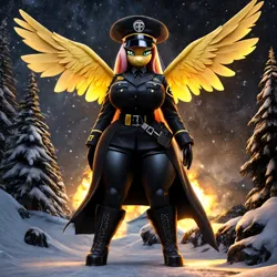 Size: 1024x1024 | Tagged: grimdark, ai content, derpibooru import, machine learning generated, stable diffusion, fluttershy, anthro, pegasus, boots, breasts, busty fluttershy, clothes, curvy, derpibooru exclusive, explosion, g4, hat, hourglass figure, image, military uniform, nazi, nazi uniform, pants, png, prompter:professordoctorc, shoes, snow, thighs, thunder thighs, trenchcoat, uniform, wide hips