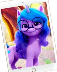 Size: 446x560 | Tagged: safe, derpibooru import, edit, official, izzy moonbow, pony, unicorn, g5, concave belly, cute, female, fluffy, glasses, image, ipad, izzybetes, mare, phone, png, round glasses, simple background, transparent background, turned head, weibo