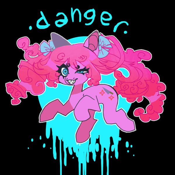 Size: 850x850 | Tagged: safe, artist:cutesykill, derpibooru import, pinkie pie, earth pony, pony, alternate cutie mark, alternate hairstyle, beanbrows, black background, blue background, bow, cyan background, danger, eyebrows, eyestrain warning, female, grin, hair bow, image, mare, pigtails, png, sharp teeth, simple background, smiling, solo, teeth, text