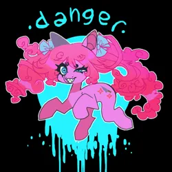 Size: 850x850 | Tagged: safe, artist:cutesykill, derpibooru import, pinkie pie, earth pony, pony, alternate cutie mark, alternate hairstyle, beanbrows, black background, blue background, bow, cyan background, danger, eyebrows, eyestrain warning, female, grin, hair bow, image, mare, pigtails, png, sharp teeth, simple background, smiling, solo, teeth, text