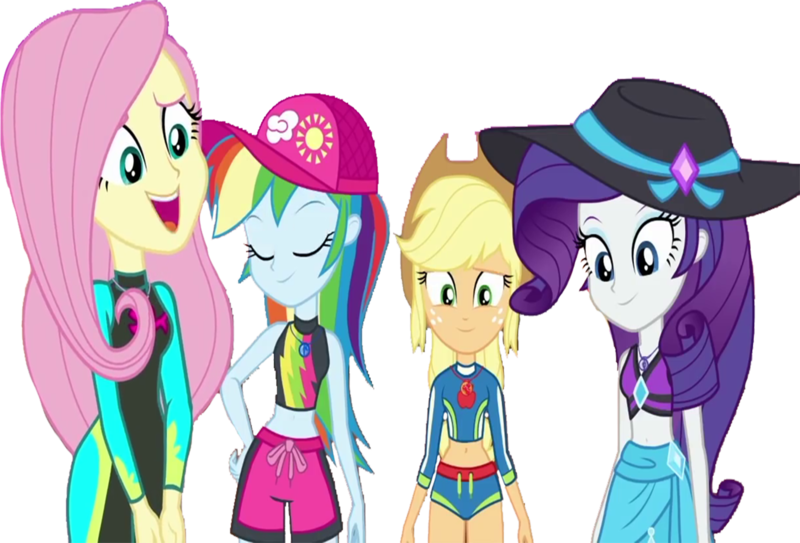 Size: 3715x2520 | Tagged: safe, derpibooru import, edit, edited screencap, editor:homersimpson1983, screencap, applejack, fluttershy, rainbow dash, rarity, human, aww... baby turtles, equestria girls, equestria girls series, background removed, bikini, cap, clothes, female, geode of fauna, geode of shielding, geode of super speed, geode of super strength, hat, image, magical geodes, not a vector, png, sarong, simple background, swimsuit, transparent background