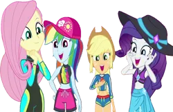 Size: 3871x2520 | Tagged: safe, derpibooru import, edit, edited screencap, editor:homersimpson1983, screencap, applejack, fluttershy, rainbow dash, rarity, human, aww... baby turtles, equestria girls, equestria girls series, bikini, cap, clothes, female, geode of fauna, geode of shielding, geode of super speed, geode of super strength, hat, image, magical geodes, not a vector, png, sarong, simple background, swimsuit, transparent background