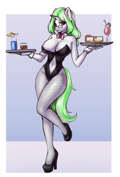 Size: 1920x2824 | Tagged: questionable, artist:yutakira92, derpibooru import, oc, unofficial characters only, anthro, unicorn, absolute cleavage, areola, areola slip, belly button, big breasts, bowtie, breasts, cleavage, clothes, drink, female, fishnet pantyhose, glasses, high heels, horn, image, leotard, navel cutout, nipples, nudity, png, shoes, simple background, solo, solo female, tray, waitress