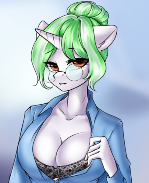 Size: 1920x2358 | Tagged: questionable, artist:yutakira92, derpibooru import, oc, unofficial characters only, anthro, unicorn, big breasts, blouse, bra, breasts, cleavage, clothes, female, glasses, horn, image, looking at you, nipples, nudity, png, see-through, solo, solo female, underwear