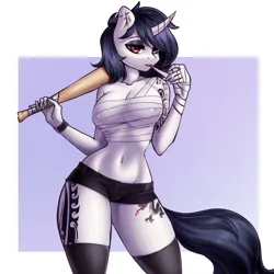 Size: 1920x1920 | Tagged: suggestive, artist:yutakira92, derpibooru import, oc, unofficial characters only, anthro, unicorn, baseball bat, belly button, breasts, cleavage, erect nipples, female, horn, image, nipple outline, nipple piercing, nipple piercing outline, nipples, piercing, png, solo, solo female