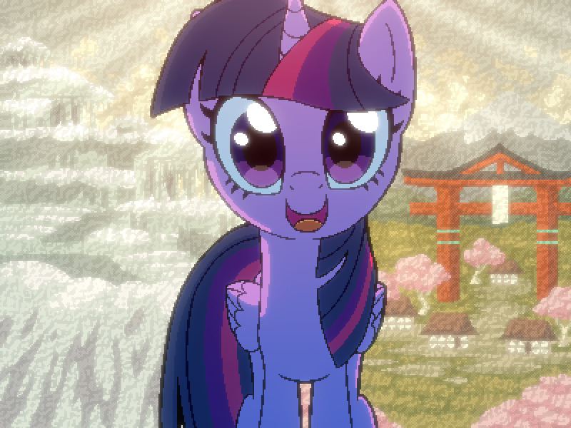 Size: 800x600 | Tagged: safe, artist:rangelost, derpibooru import, twilight sparkle, twilight sparkle (alicorn), alicorn, cyoa:d20 pony, cherry blossoms, cherry tree, cyoa, first person view, flower, flower blossom, image, looking at you, offscreen character, pixel art, png, pov, ruins, snow, solo, story included, torii, tree