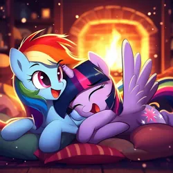 Size: 2048x2048 | Tagged: safe, ai content, derpibooru import, machine learning generated, rainbow dash, twilight sparkle, alicorn, pegasus, pony, eyes closed, female, fire, fireplace, friendshipping, generator:bing image creator, image, laughing, mare, not shipping, open mouth, pillow, png, prompter:ponaiart, snuggling, story included