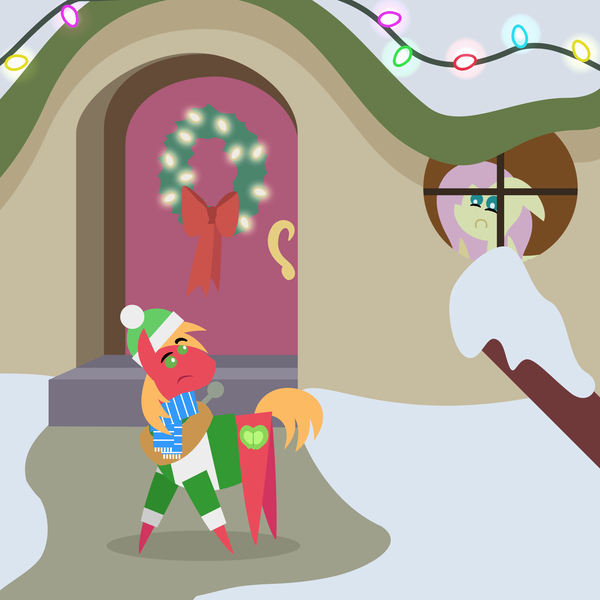 Size: 2160x2160 | Tagged: safe, anonymous artist, derpibooru import, big macintosh, fluttershy, earth pony, pegasus, pony, series:fm holidays, series:hearth's warming advent calendar 2023, advent calendar, christmas, christmas lights, christmas wreath, clothes, eyebrows, female, floppy ears, fluttermac, fluttershy's cottage, frown, g4, hat, high res, holiday, image, lineless, looking back, male, mare, overreacting, png, pointy ponies, raised eyebrow, sad, scarf, shipping, snow, stallion, straight, sweater, winter outfit, wreath