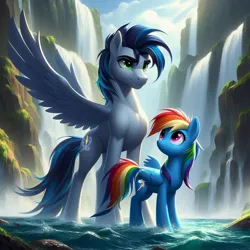 Size: 1024x1024 | Tagged: safe, ai content, derpibooru import, editor:i-shooped-a-pwny, prompter:*rainbow dash*, rainbow dash, soarin', female, image, jpeg, male, shipping, size difference, soarindash, straight, water, waterfall